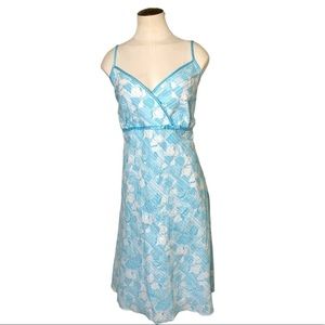 𝅺studio 1940 Retro Feminin Floral Blue White Silver A-Line Midi Dress size L/XL